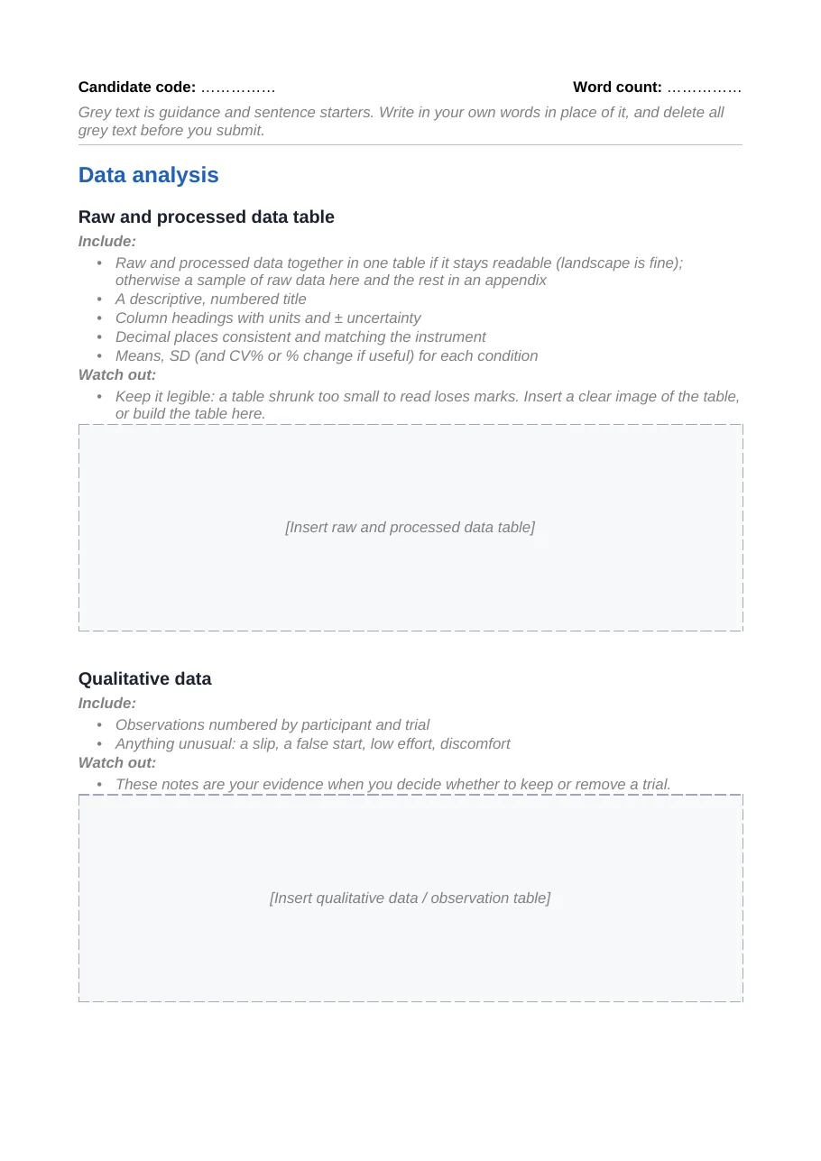 Data analysis template, page 1
