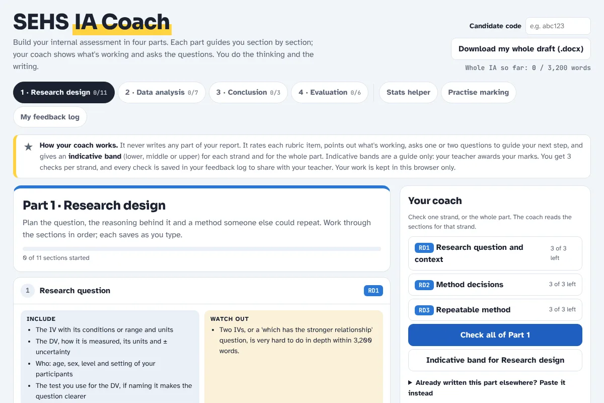 The IA Coach showing the research design section