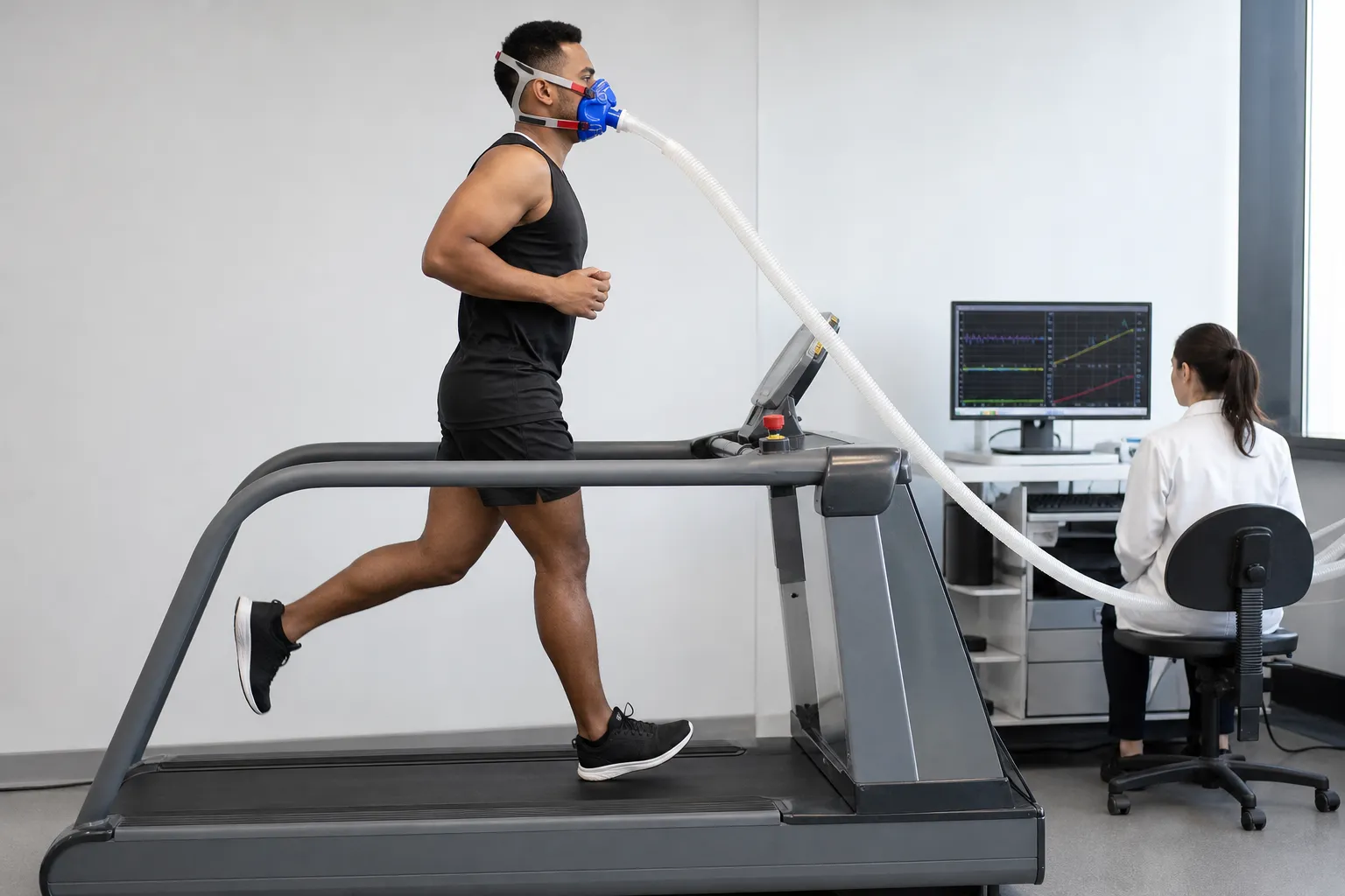 An athlete running a VO2 max test on a treadmill