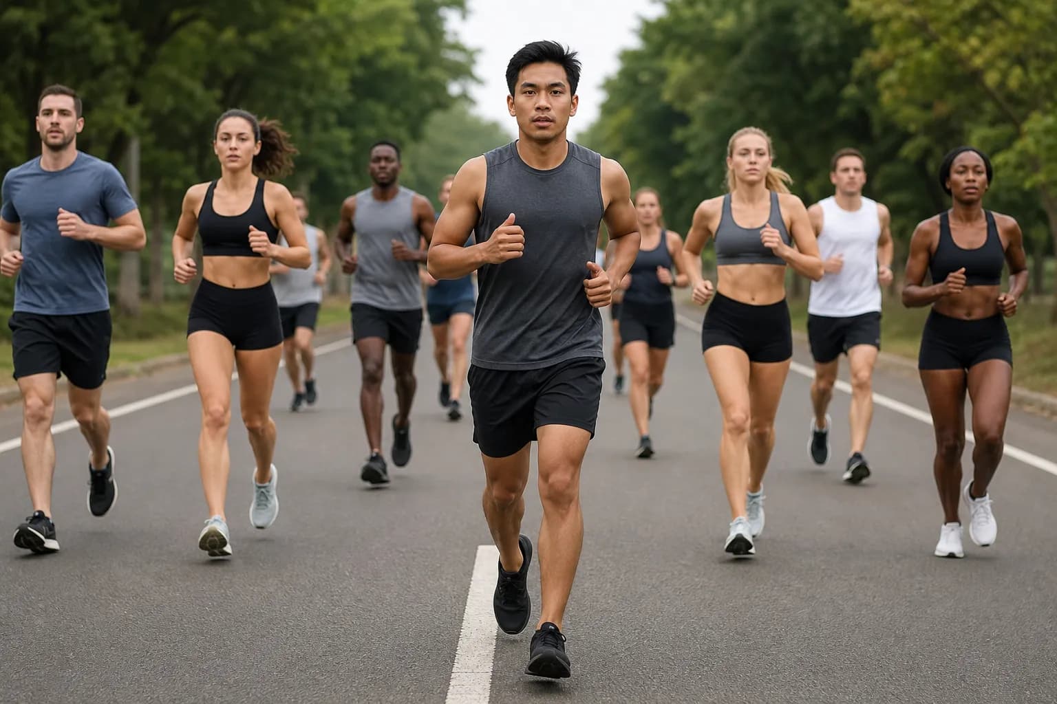 A pack of marathon runners on a city road