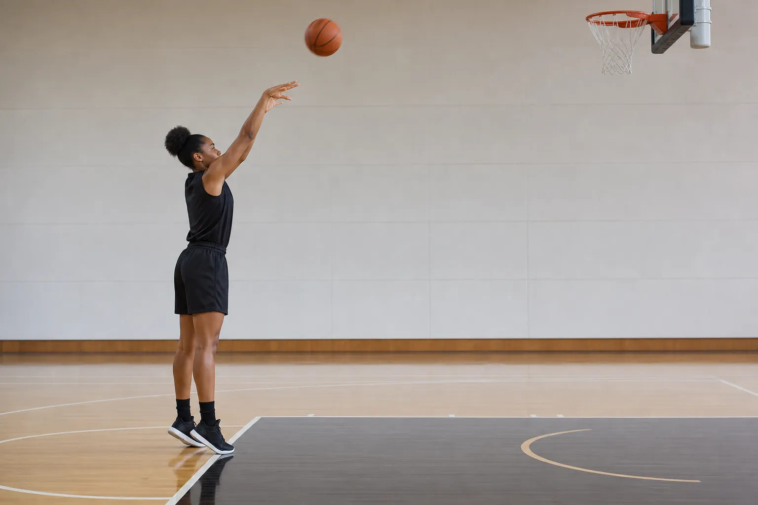 A basketball player releasing a jump shot
